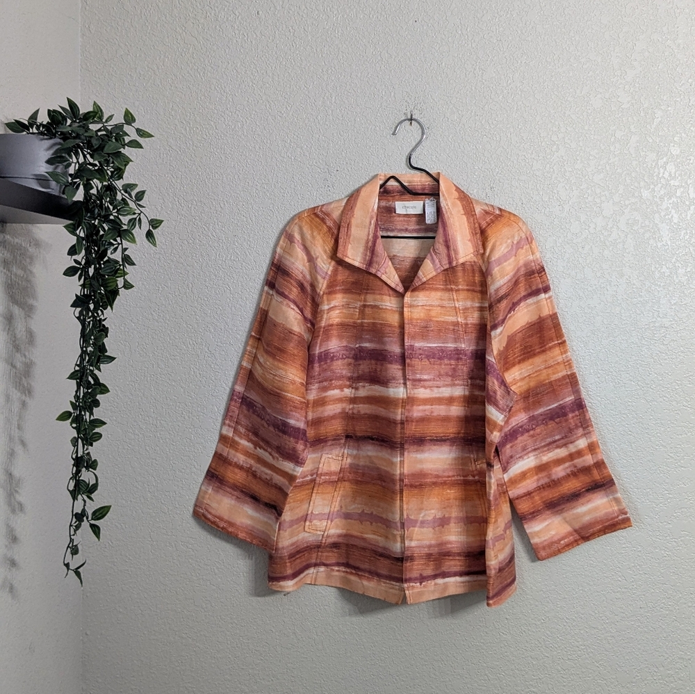 Chico's Linen Open Front Blazer Orange Striped Blend 3/4 Sleeve Lightweight XL